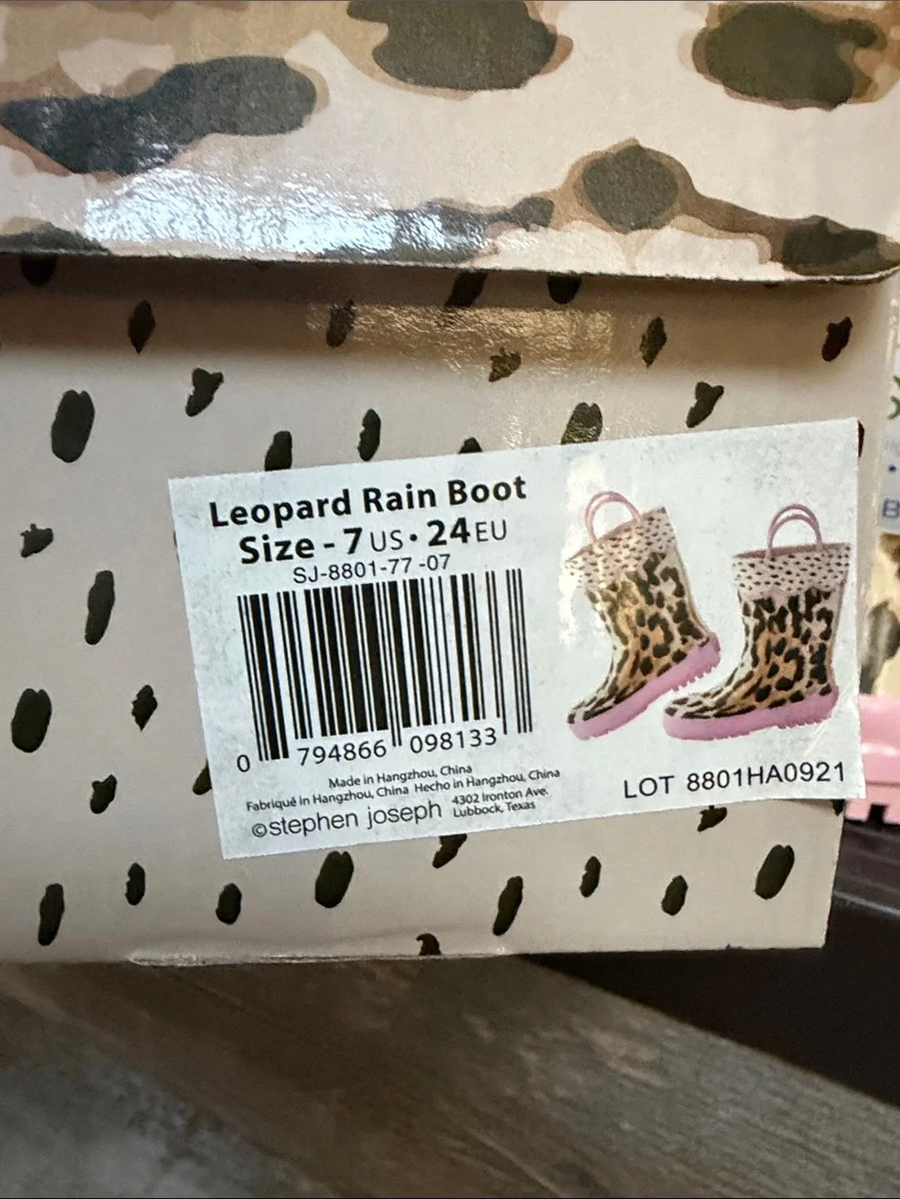 NWT Stephen Joseph Kids' SIZE 7 Leopard Rain Boots in Pink Trim